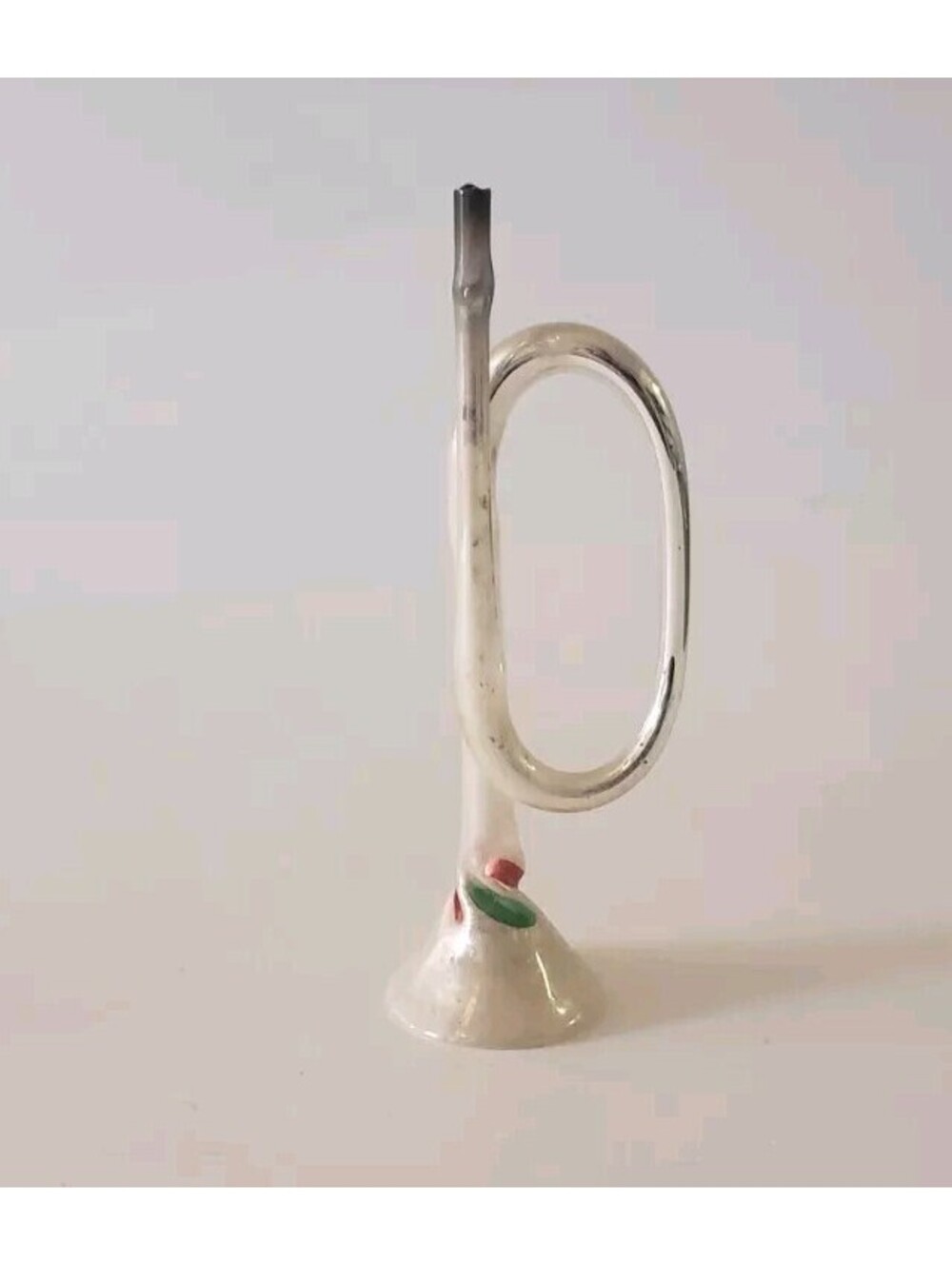 VTG CHRISTMAS Trumpet ORNAMENT Mercury Glass Horn Silver White Red Green